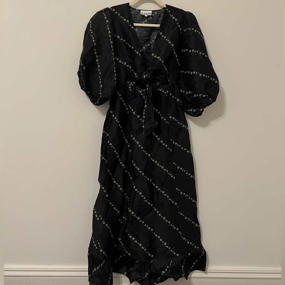 GANNI Silk Linen Puff-Sleeve Tie-Waist Midi Dress